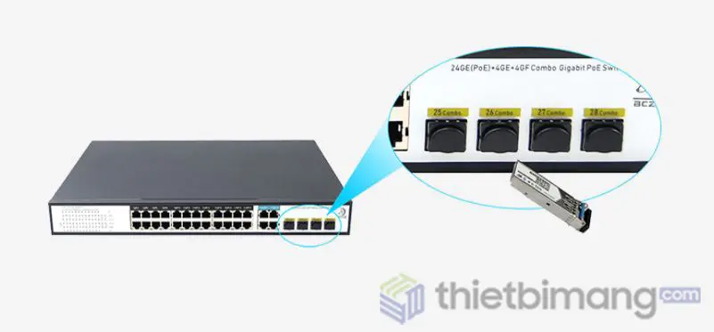 Switch PoE 24 Ports 10/100/1000Mbps, 4 Gigabit Combo Uplink - Cổng SFP mini-GBIC
