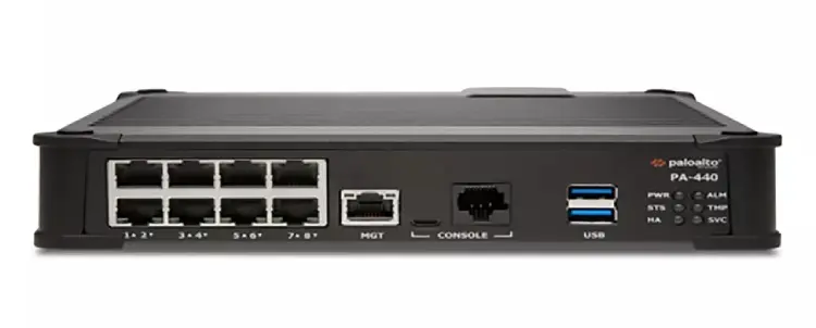 Cận cảnh mặt trước Palo Alto PA-440: 8 cổng 1G RJ45, cổng MGT, console micro-USB và RJ45, 2 cổng USB, dãy đèn PWR STS HA ALM TMP SVC