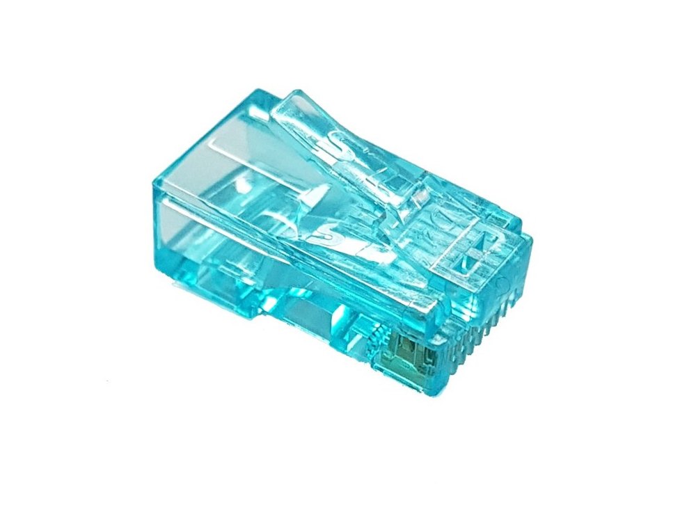 Hạt mạng Cat5e LS kiểu snap xuyên dây, sợi chui qua mặt hạt trước khi cắt