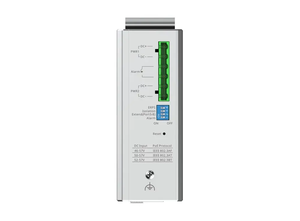 Mặt trên switch công nghiệp Ruijie RG-NIS2100-8GT2SFP-HP với đầu nối nguồn DC hai ngả và công tắc DIP