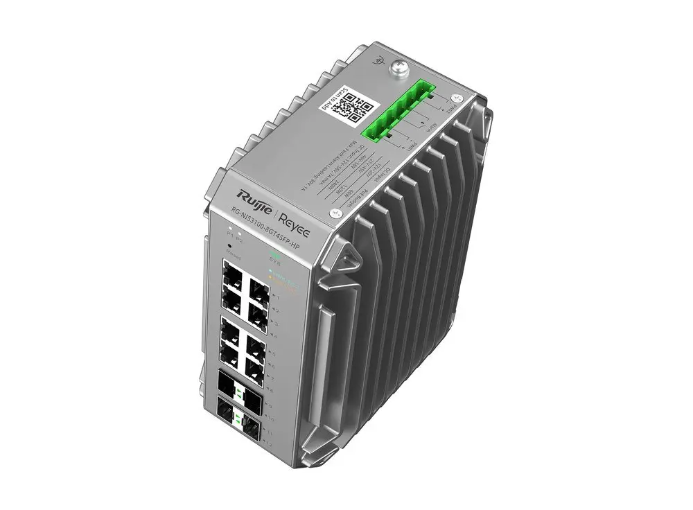 Switch công nghiệp Ruijie RG-NIS3100-8GT4SFP-HP, mặt trên có hai đầu vào nguồn DC PWR1 và PWR2