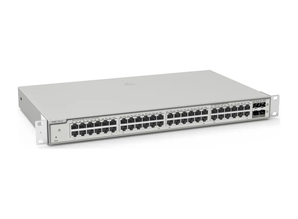 Switch Layer 3 Ruijie RG-NBS5200-48GT4XS, nhấn Reset dưới 2 giây để khởi động lại, hơn 5 giây để về cài đặt gốc