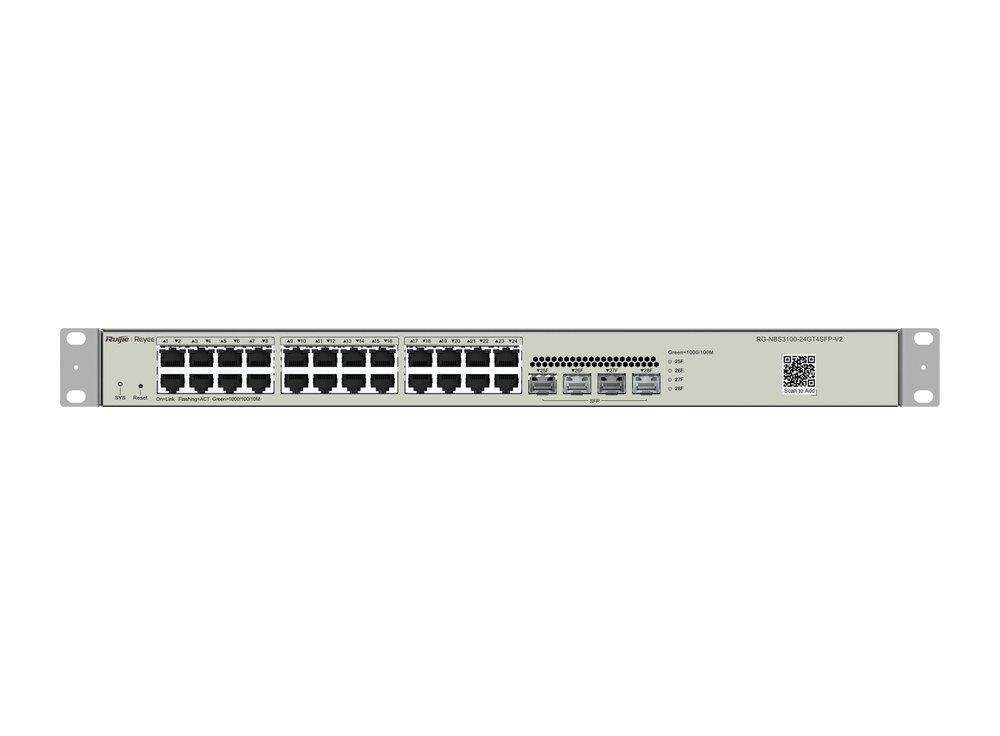 Mặt trước switch Layer 2 Ruijie RG-NBS3100-24GT4SFP-V2 với 24 cổng Gigabit và 4 khe SFP