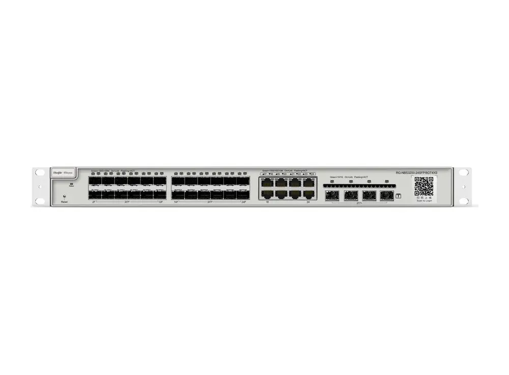 Switch Ruijie RG-NBS3200-24SFP/8GT4XS có 24 khe SFP, 8 cổng RJ45 dùng chung vị trí với 8 khe SFP và 4 khe SFP+