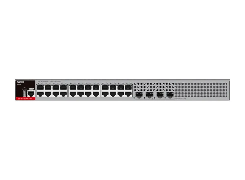 Mặt trước switch Ruijie RG-S2915-24GT4MS-L với 24 cổng Gigabit và 4 khe SFP nhận module 1GE hoặc 2.5GE