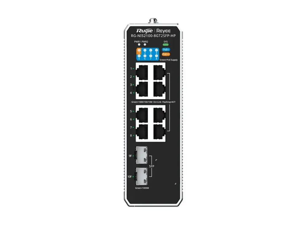 Mặt trước switch công nghiệp Ruijie RG-NIS2100-8GT2SFP-HP với 8 cổng RJ45 PoE và 2 khe SFP