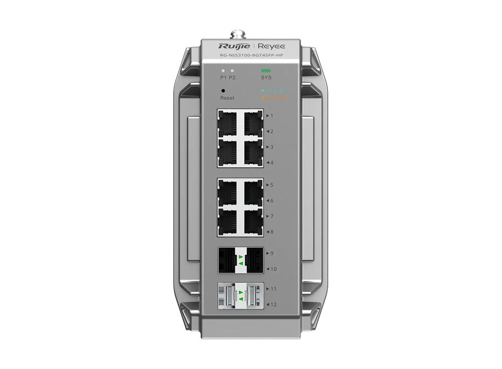 Mặt trước switch công nghiệp Ruijie RG-NIS3100-8GT4SFP-HP với 8 cổng PoE+ và 4 khe SFP