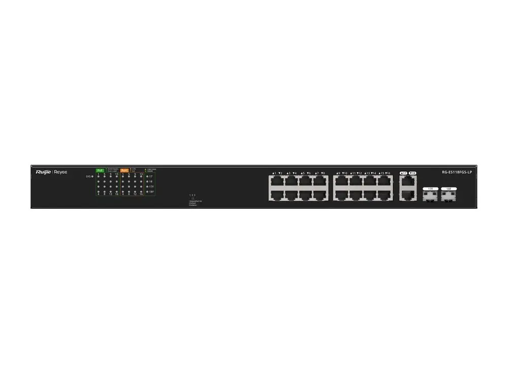 Mặt trước switch PoE Ruijie RG-ES118FGS-LP với đèn PoE Status, đèn cổng và 2 cổng combo