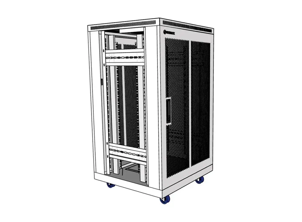 Tủ rack 20U với thanh quản lý cáp ngang giữa patch panel và switch, dây nhảy 0,3–0,5 m