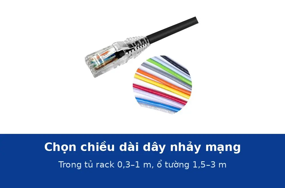 Chọn chiều dài dây nhảy mạng: trong tủ rack dùng 0,3–1 m, từ ổ tường tới máy dùng 1,5–3 m