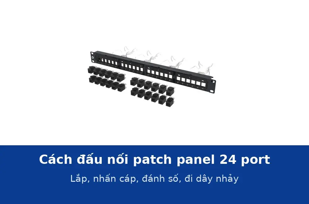 Cách đấu nối patch panel 24 port vào tủ rack: lắp, nhấn cáp, đánh số và đi dây nhảy