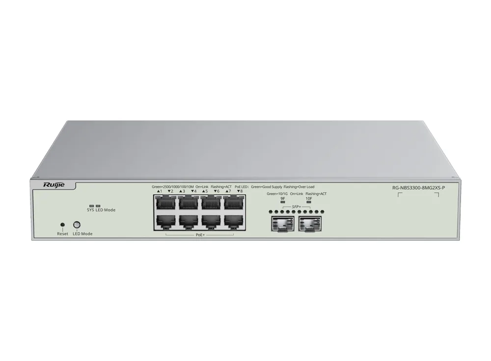 Switch Ruijie RG-NBS3300-8MG2XS-P 8 cổng 2,5G PoE+ và 2 cổng SFP+, ảnh hãng nhìn từ phía trước