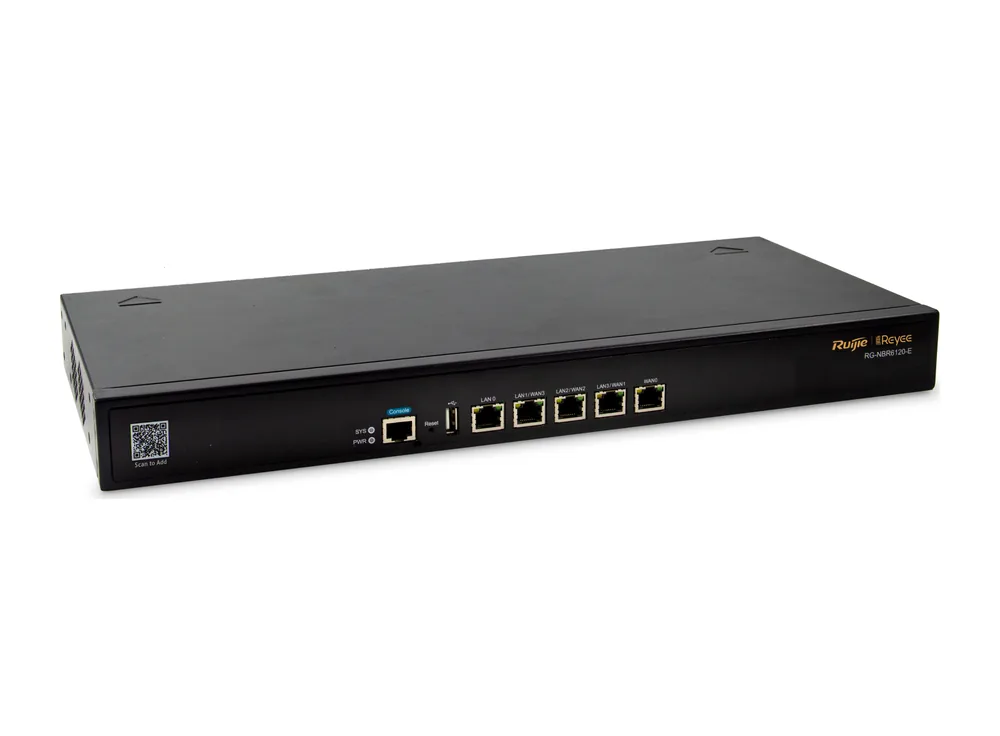 RG-NBR6120-E dạng 1U gắn tủ rack 19 inch, ảnh hãng nhìn nghiêng