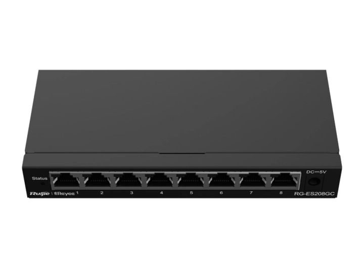Switch Reyee RG-ES208GC nhìn từ phía trước, góc cao
