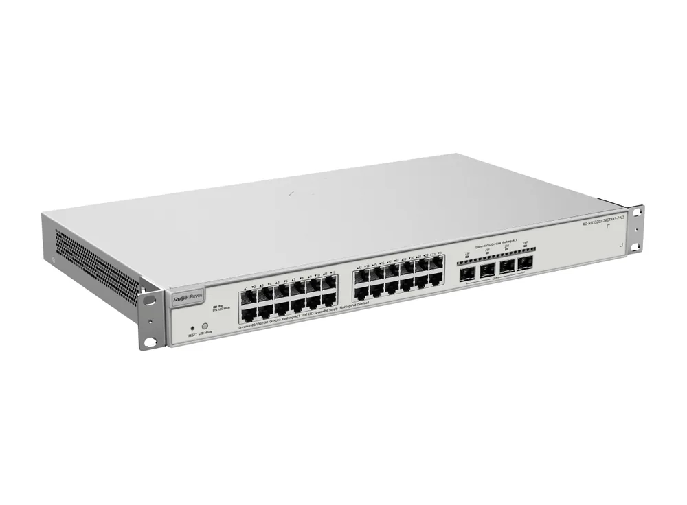 RG-NBS3200-24GT4XS-P-V2 nhìn chéo từ bên trái, ảnh hãng Ruijie