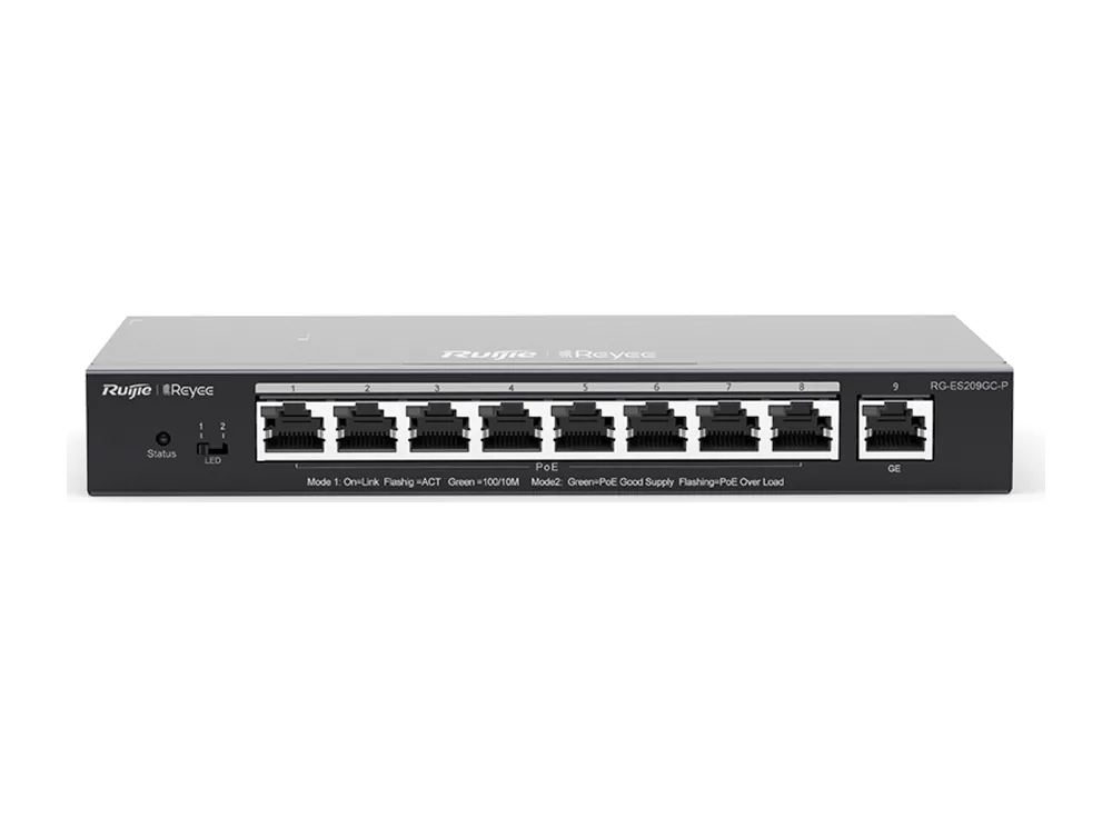 Switch Ruijie RG-ES209GC-P 9 cổng Gigabit, 8 cổng PoE+, ảnh hãng mặt trước