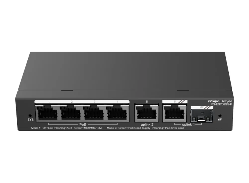 Switch Ruijie RG-ES206GS-P 6 cổng Gigabit, ảnh hãng mặt trước góc cao