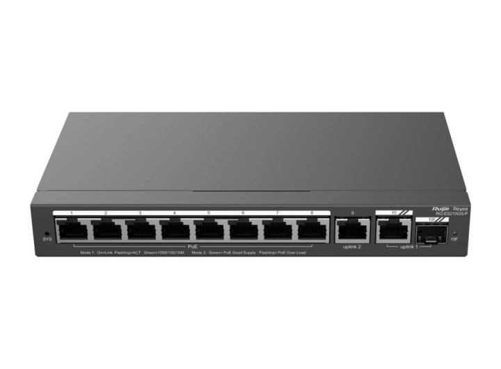 Switch Ruijie RG-ES210GS-P 10 cổng Gigabit, ảnh hãng mặt trước góc cao