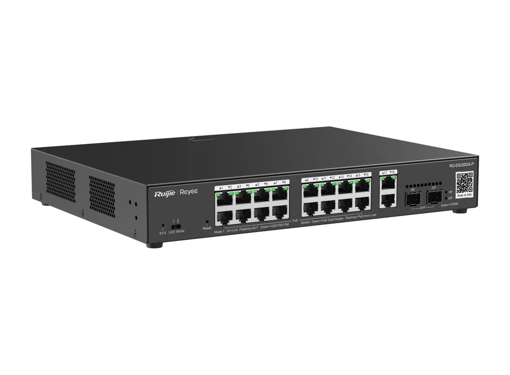 RG-ES220GS-P nhìn chéo từ bên trái, ảnh hãng Ruijie