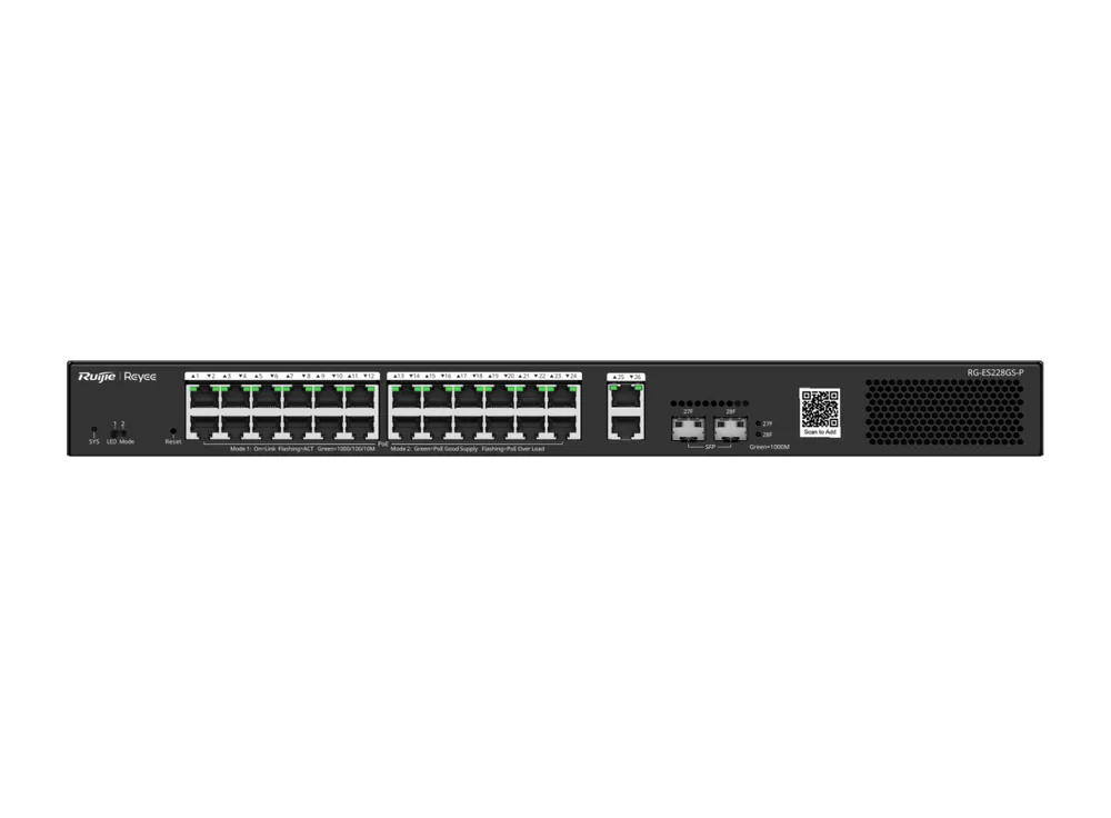 RG-ES228GS-P nhìn thẳng mặt trước, ảnh hãng