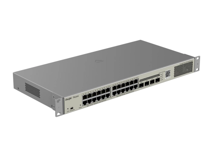 Mặt trước RG-NBS3100-24GT4SFP-P-V2 nhìn chéo bên phải, ảnh hãng