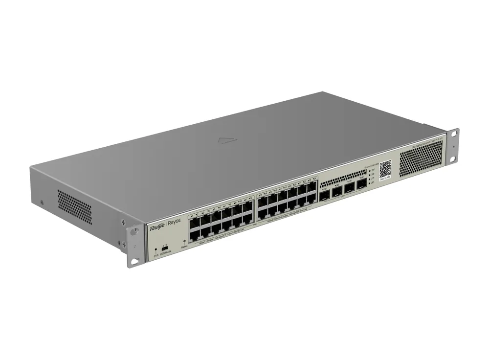Mặt trước RG-NBS3100-24GT4SFP-P-V2 nhìn chéo bên phải, ảnh hãng