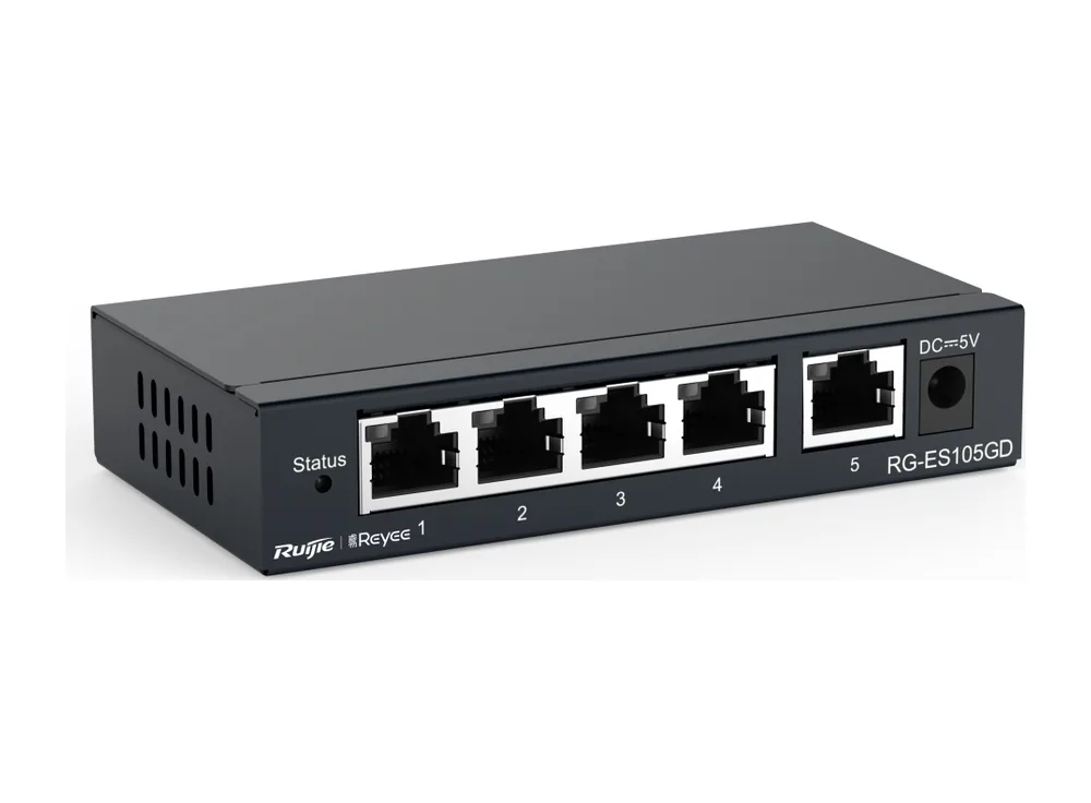 Switch Ruijie RG-ES105GD 5 cổng Gigabit vỏ kim loại, ảnh hãng nhìn chéo