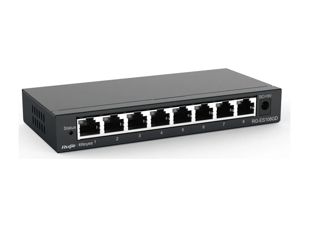 Switch Ruijie RG-ES108GD 8 cổng Gigabit vỏ kim loại, ảnh hãng nhìn chéo