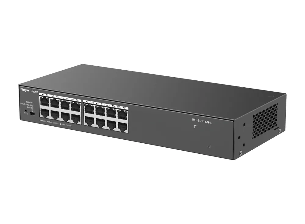 Switch Ruijie RG-ES116G-L 16 cổng Gigabit, ảnh hãng nhìn chéo bên trái