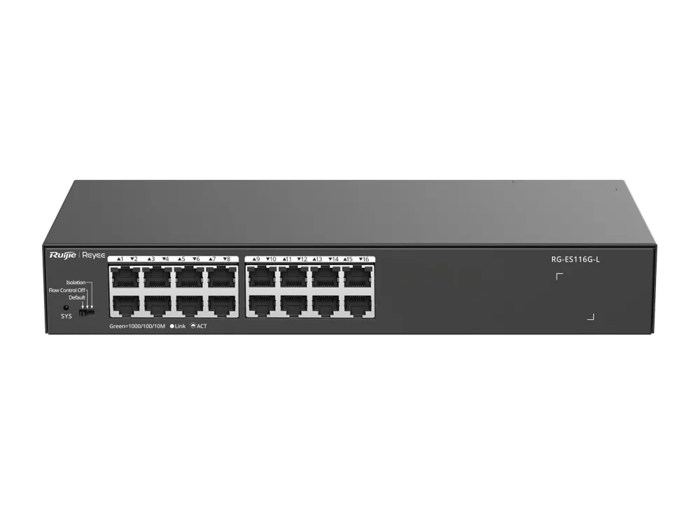RG-ES116G-L nhìn từ phía trước, góc cao, ảnh hãng Ruijie