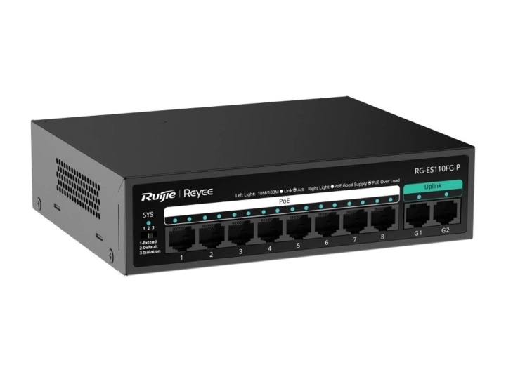 Switch PoE Ruijie RG-ES110FG-P 8 cổng 10/100 và 2 cổng Gigabit, ảnh hãng nhìn chéo
