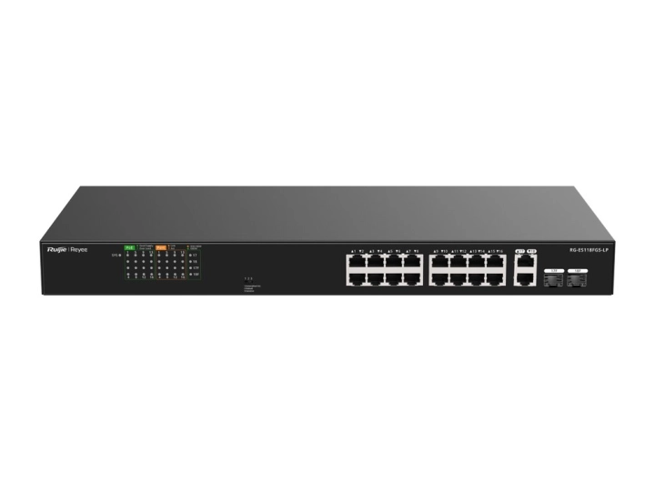 Switch PoE Ruijie RG-ES118FGS-LP 16 cổng 10/100 và 2 cổng combo Gigabit, ảnh hãng nhìn chéo