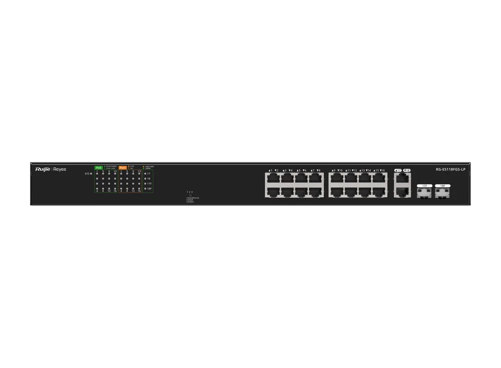 Mặt trước RG-ES118FGS-LP nhìn thẳng, ảnh hãng Ruijie