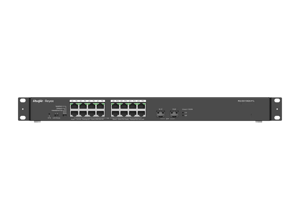 Mặt trước RG-ES118GS-P-L nhìn thẳng, ảnh hãng Ruijie