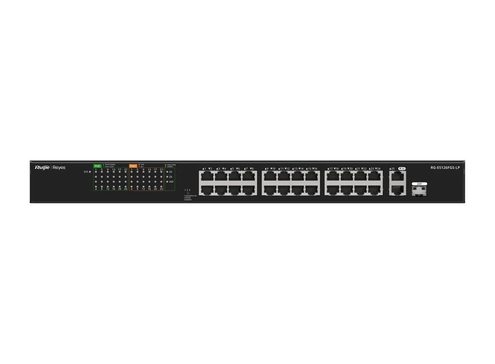 Mặt trước RG-ES126FGS-LP nhìn thẳng, ảnh hãng Ruijie